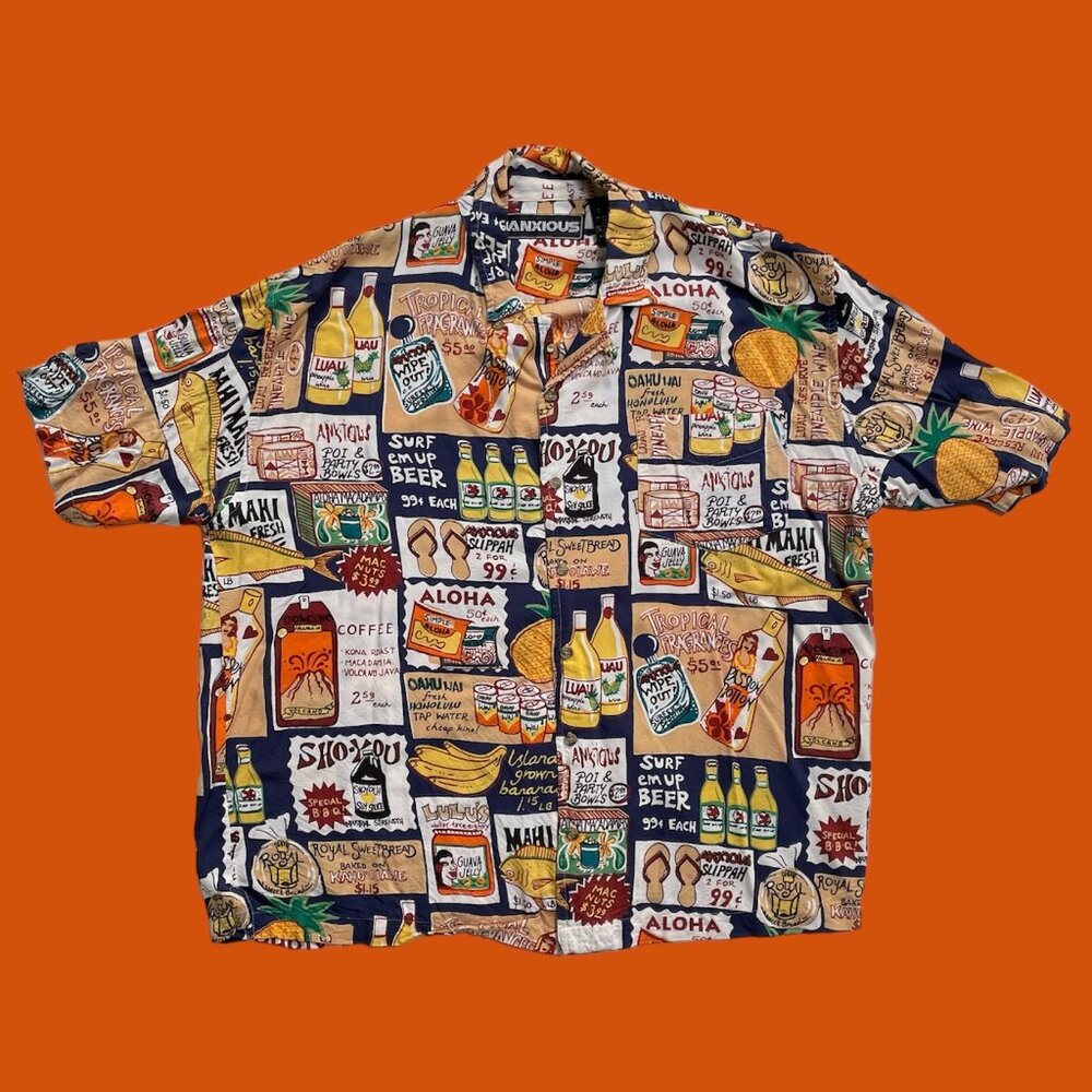 Anxious Hawaiian/Aloha Shirt ~ Illustrated Ads ~ Men's LARGE